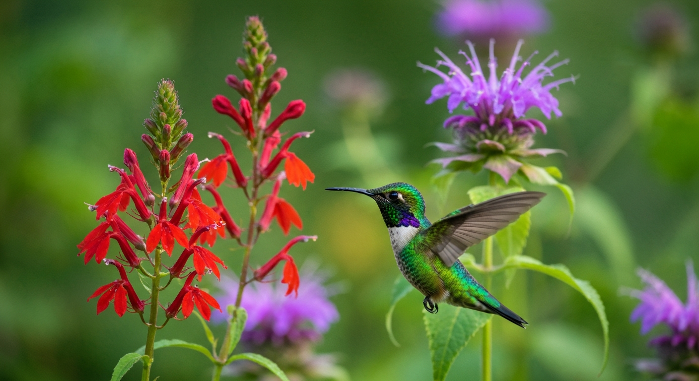 Hummingbird hovering at cardinal flowers and bee balm