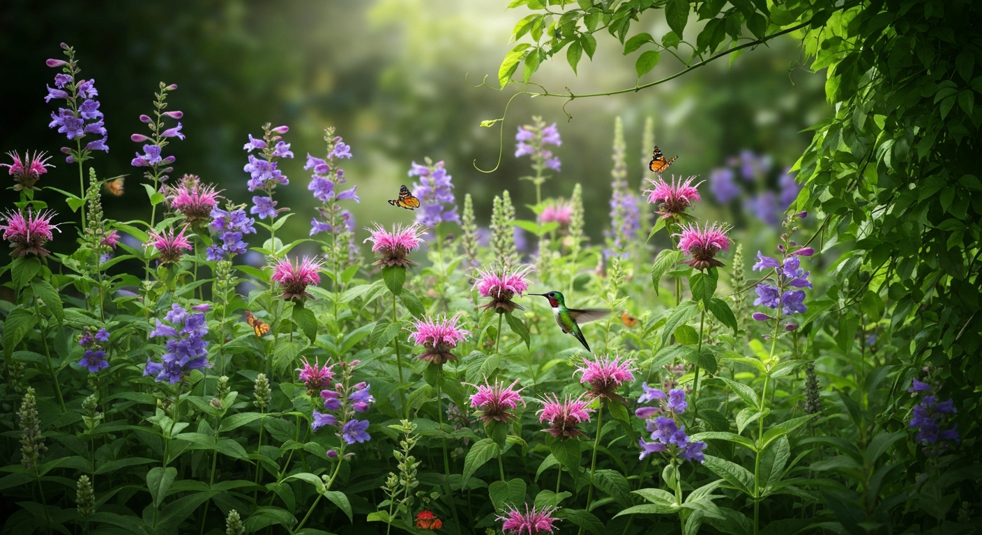 Hummingbird in a native wildflower meadow garden