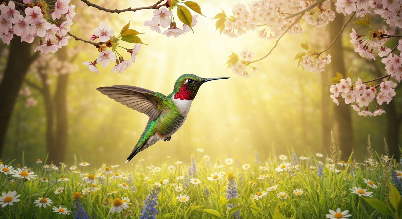 Hummingbird in flight through spring blossoms